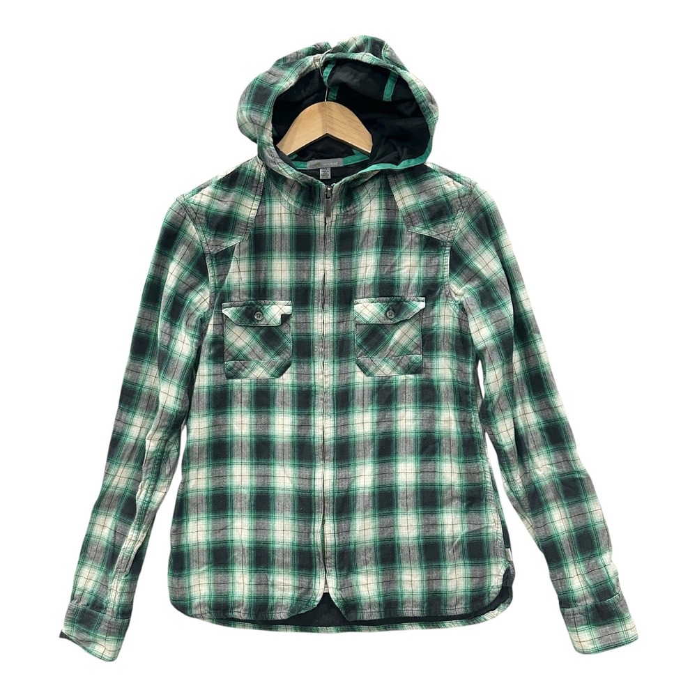 Horny Toad Green Plaid Full Zip Hooded Flannel Shirt Jacket Mens Medium